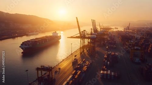 A large cargo ship docked at a port during a stunning sunset, with cranes in the background reflecting off calm waters.