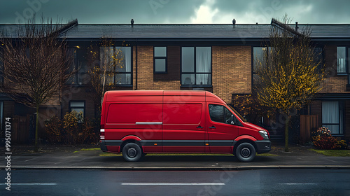 Red Delivery Van Parked in Front of Houses