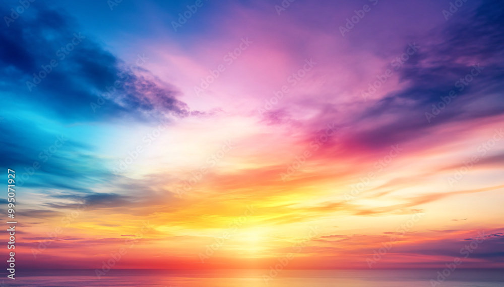 Obraz premium A dreamy sky transitioning from a golden sunset to a full spectrum of rainbow colors, giving off a vibrant yet calming feel
