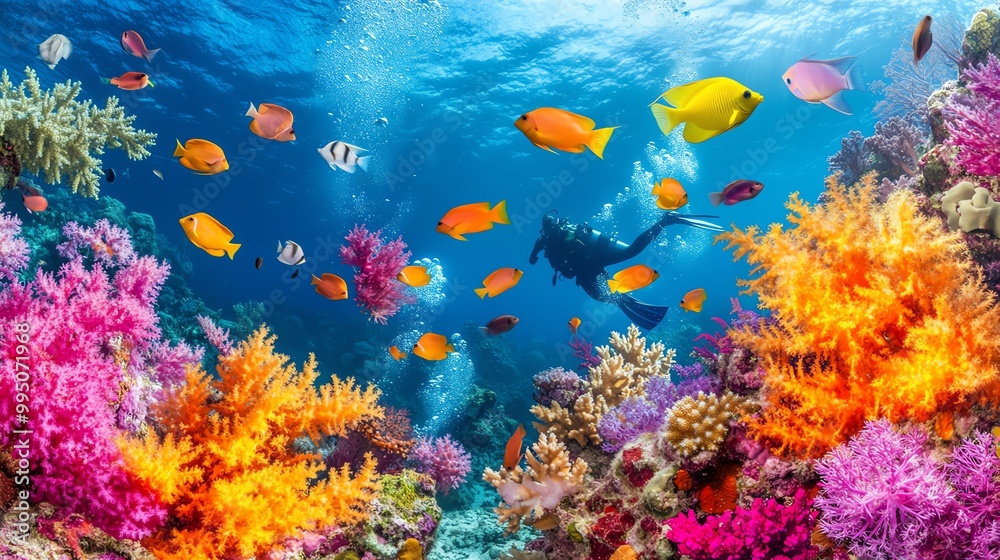 Fototapeta premium Vibrant underwater scene with colorful fish and coral reefs, clear blue water.