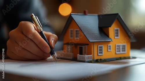 Homebuyer signing paperwork with a model house on the desk, highlighting the pen and signature under soft lighting, with a blurred background of documents and a realtor observing.