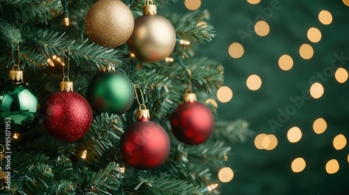 3d render gold, red, and green baubles hanging from x-mas tree, soft glowing lights, Christmas backdrop