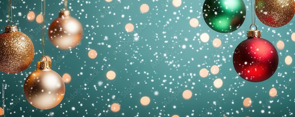 3d render gold, red and green ornaments baubles, soft bokeh glowing snowfall, Christmas backdrop
