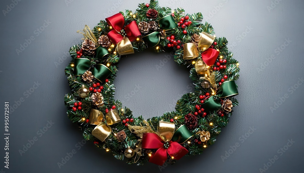3d render x-mas wreath with gold, red, and green ribbons, glowing lights Christmas festive backdrop 3d render x-mas wreath with gold, red, and green ribbons, glowing lights Christmas festive backdrop