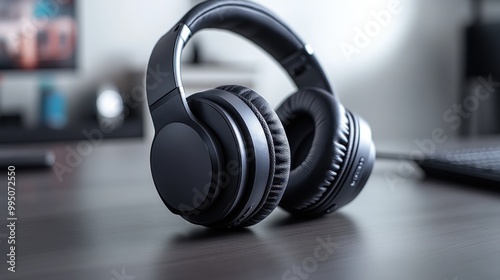 A pair of sleek black headphones resting on a wooden desk.