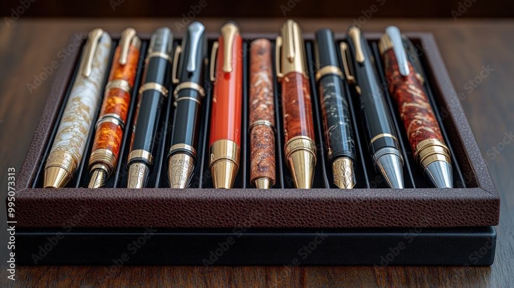 A collection of elegant pens displayed in a stylish case. A collection of elegant pens displayed in a stylish case.