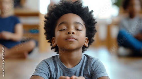 Young boy meditating peacefully in a bright, airy room.