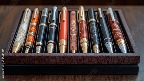 A collection of elegant pens displayed in a stylish case. photo