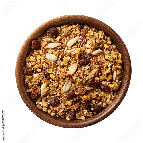 Bowl of granola with mixed nuts seeds grains isolated on transparent background, flat lay png