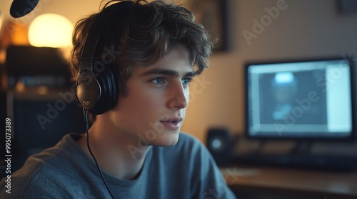 Young man wearing headphones, focused on computer screen, indoor setting.