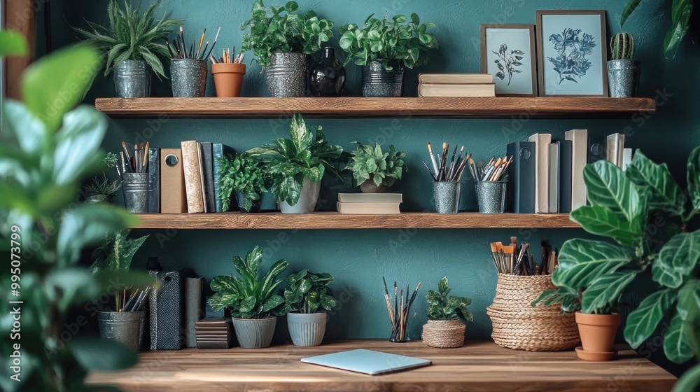 Cozy workspace with plants, books, and art supplies on shelves. Cozy workspace with plants, books, and art supplies on shelves.