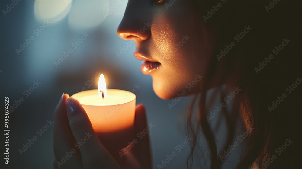 Serene Portrait of Young Caucasian Woman with Rose-Shaped Candle, Warm Intimate Evening, Highlighting Delicate Craftsmanship Serene Portrait of Young Caucasian Woman with Rose-Shaped Candle, Warm Intimate Evening, Highlighting Delicate Craftsmanship