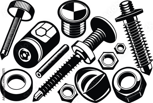 Set of different types screws and bolts , illustration on white background.