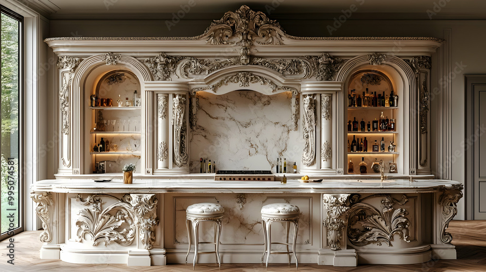Ornate Bar Cabinet with Intricate Carving and Marble Backsplash Ornate Bar Cabinet with Intricate Carving and Marble Backsplash