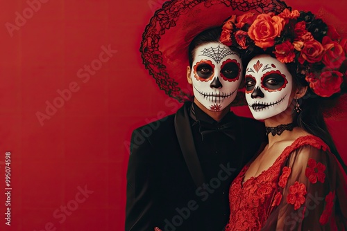 Romantic young people in love in costumes and make-up of a sugar skull and Calavera Catrina pose cheerfully against a burgundy background. generative ai