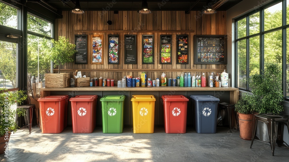 Recycling bins in a caf? with a menu and condiments displayed. Recycling bins in a caf? with a menu and condiments displayed.