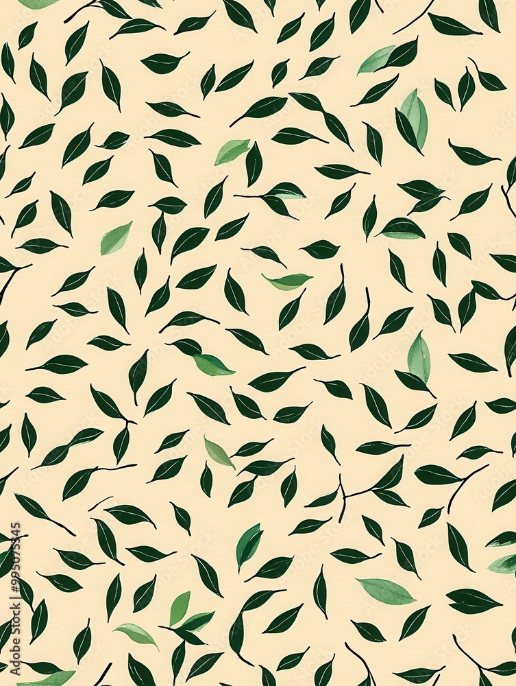 A botanical pattern featuring various green leaves scattered on a light background, creating a fresh and natural aesthetic. A botanical pattern featuring various green leaves scattered on a light background, creating a fresh and natural aesthetic.