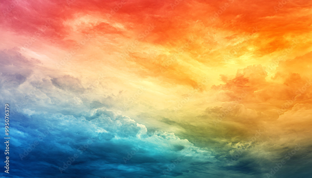 A dreamy sky transitioning from a golden sunset to a full spectrum of rainbow colors, giving off a vibrant yet calming feel