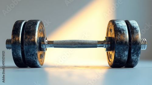 A close-up of a dumbbell on a surface with soft lighting.