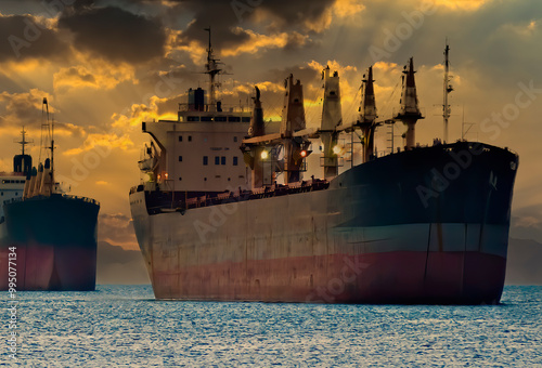 Cargo ships at sunset stopped before entrance to the Red Sea. No AI tools were used. My own photos and traditional digital enhancement tools were used