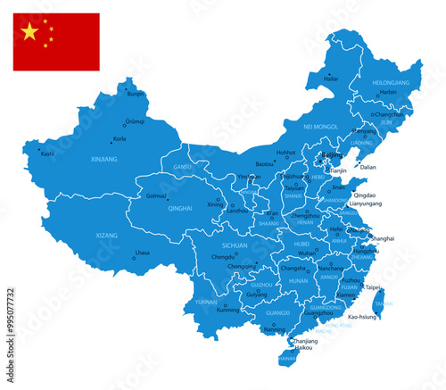 China - detailed blue country map with cities and regions. Vector illustration.