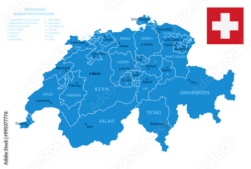 Switzerland - detailed blue country map with cities and regions. Vector illustration.