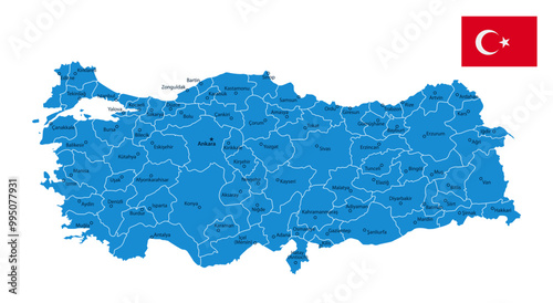 Turkey - detailed blue country map with cities and regions. Vector illustration.