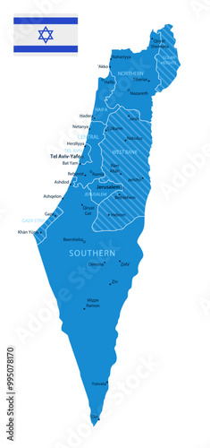 Israel - detailed blue country map with cities and regions. Vector illustration.