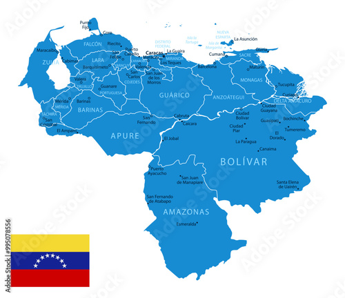Venezuela - detailed blue country map with cities and regions. Vector illustration.