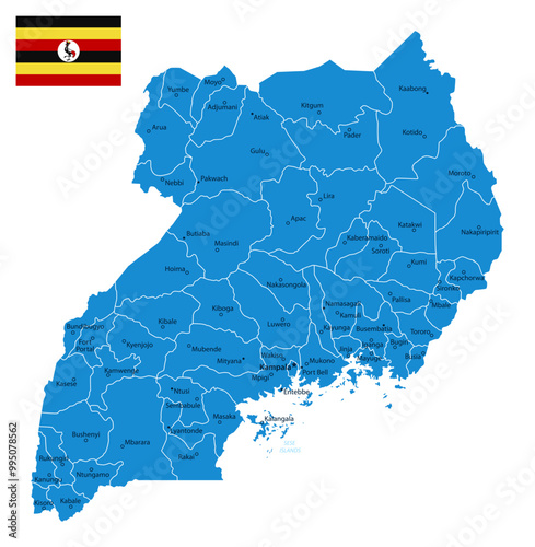 Uganda - detailed blue country map with cities and regions. Vector illustration.