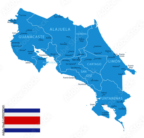 Costa Rica - detailed blue country map with cities and regions. Vector illustration.
