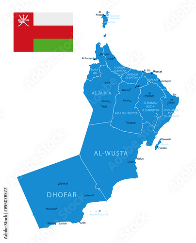 Oman - detailed blue country map with cities and regions. Vector illustration.