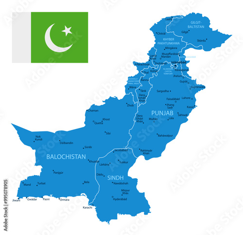 Pakistan - detailed blue country map with cities and regions. Vector illustration.