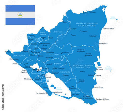 Nicaragua - detailed blue country map with cities and regions. Vector illustration. photo