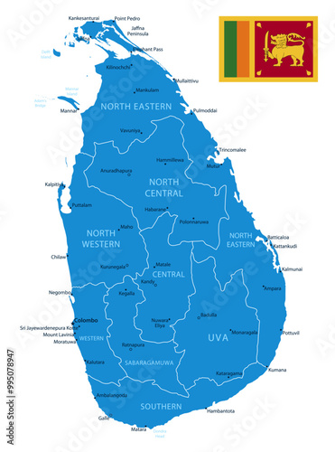 Sri Lanka - detailed blue country map with cities and regions. Vector illustration.