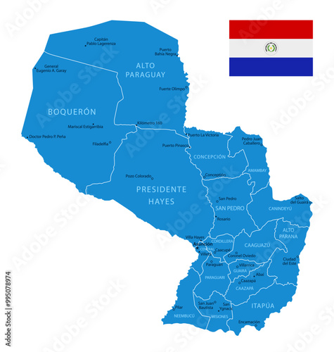 Paraguay - detailed blue country map with cities and regions. Vector illustration.