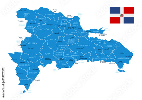 Dominican Republic - detailed blue country map with cities and regions. Vector illustration.