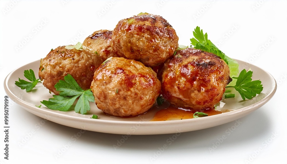 Delicious Glazed Meatballs with Parsley Garnish on a Plate Delicious Glazed Meatballs with Parsley Garnish on a Plate