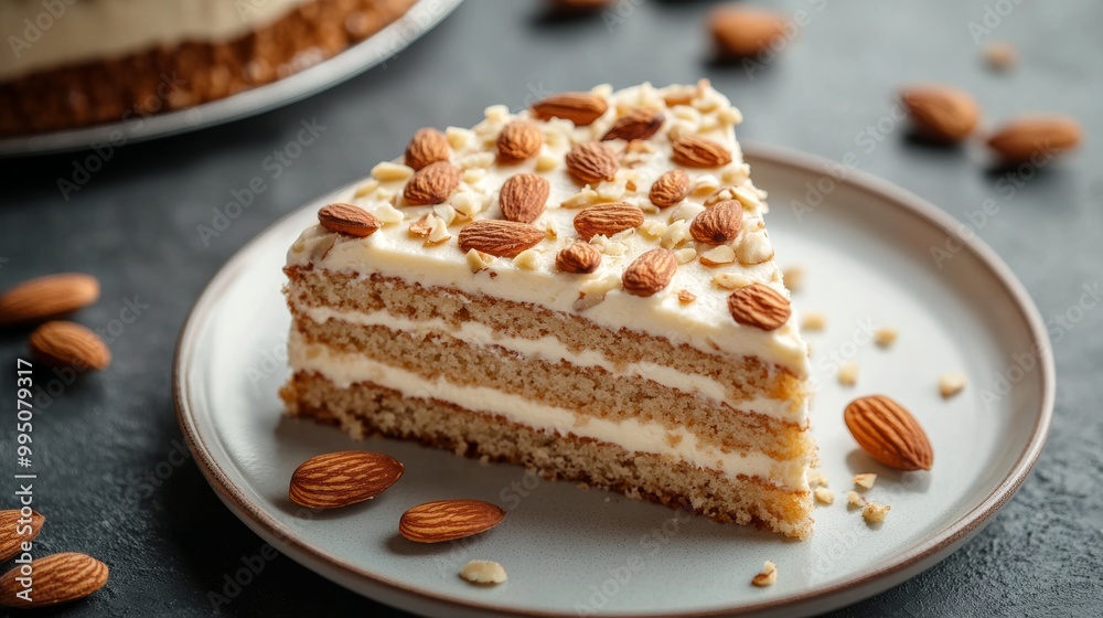 Almond Cake Slice on Plate Close Up Almond Cake Slice on Plate Close Up