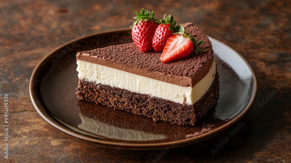 Delicious Chocolate Cake with Strawberry Topping on Brown Plate Delicious Chocolate Cake with Strawberry Topping on Brown Plate