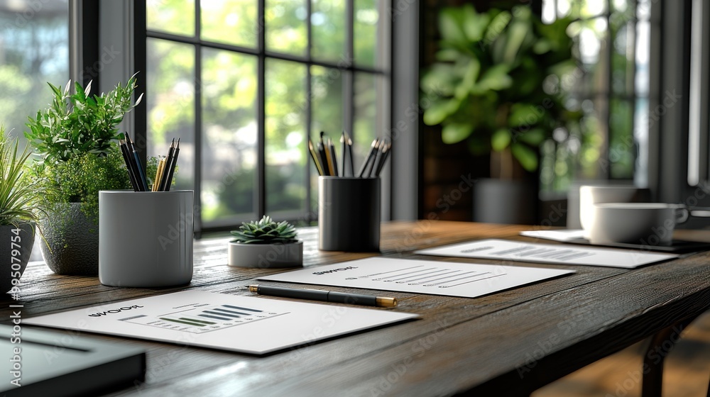 A modern workspace with plants, documents, and stationery. A modern workspace with plants, documents, and stationery.