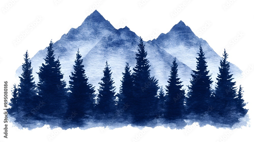 Fototapeta premium Watercolor Mountain Landscape with Forest Trees