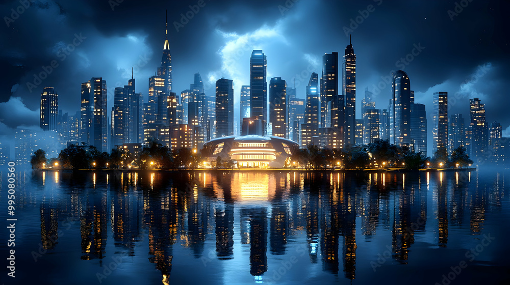 Obraz premium Cityscape Night Reflection - Illuminated Skyscrapers & Water
