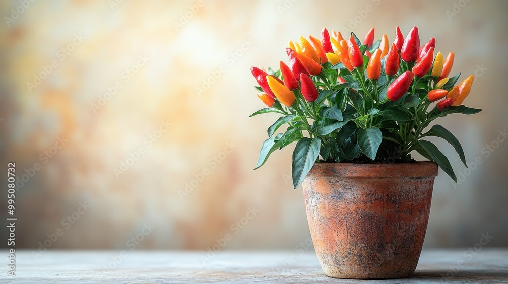 A vibrant pot of colorful chili peppers against a soft background. A vibrant pot of colorful chili peppers against a soft background.