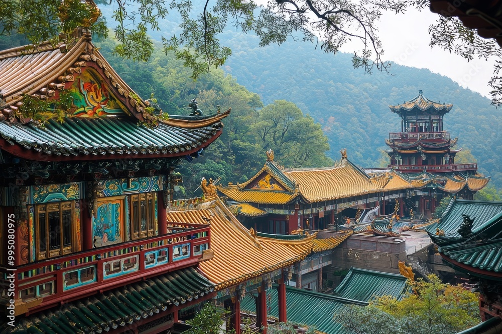 A grand Taoist temple complex with ornate wooden beams, colorful murals, and intricate roof designs A grand Taoist temple complex with ornate wooden beams, colorful murals, and intricate roof designs