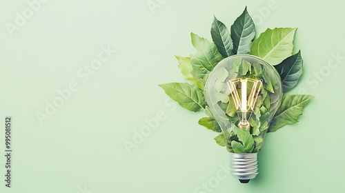 Whimsical composition of a lightbulb crafted from freshly sourced leaves, serving as a metaphor for the continuous cycle of renewable energy and sustainable living.
