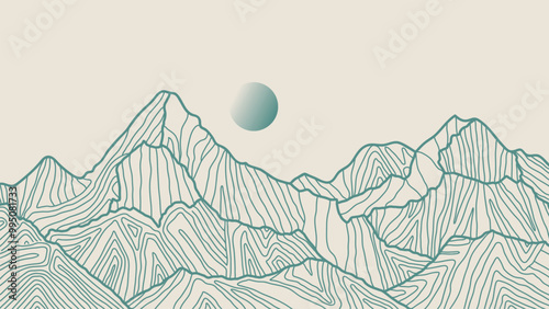 Green mountain line art wallpaper. Contour drawing luxury scenic landscape background design illustration for cover, invitation background, packaging design, fabric, banner and print.