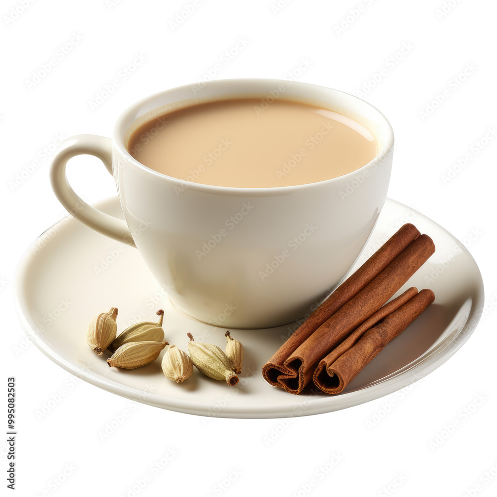 Chai tea with cinnamon sticks, cardamom Pods isolated on transparent white background, clipping path Chai tea with cinnamon sticks, cardamom Pods isolated on transparent white background, clipping path