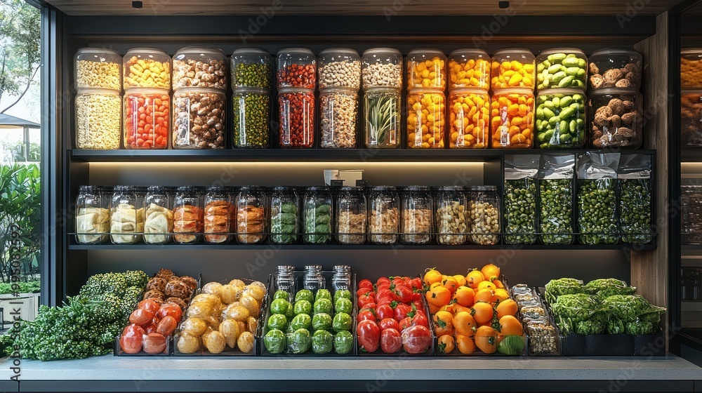 A vibrant display of fresh produce in jars and on shelves. A vibrant display of fresh produce in jars and on shelves.