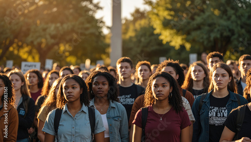 University Students Powerful protest photo. Diverse crowd rallies for change. sunset background.	
